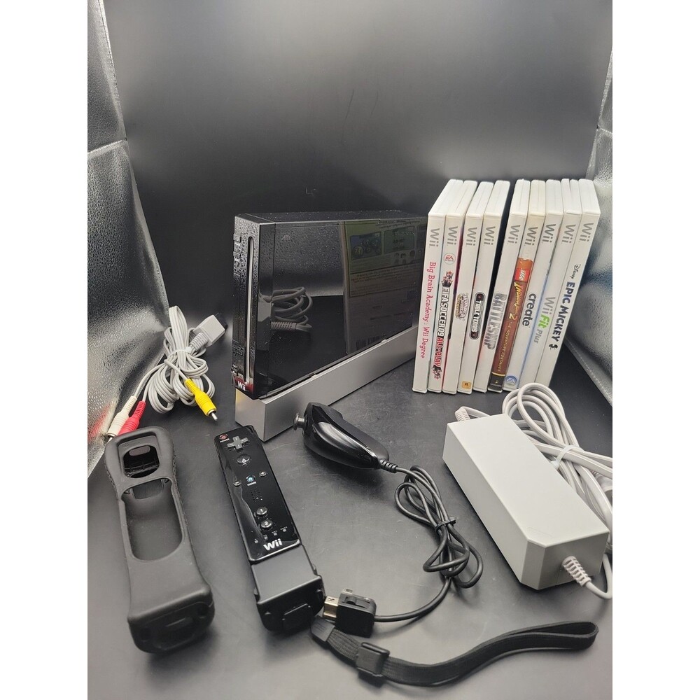 🎮Nintendo Wii Black Console Bundle w/ 9 Games & 2 Controllers/ Cables/Wii Stand